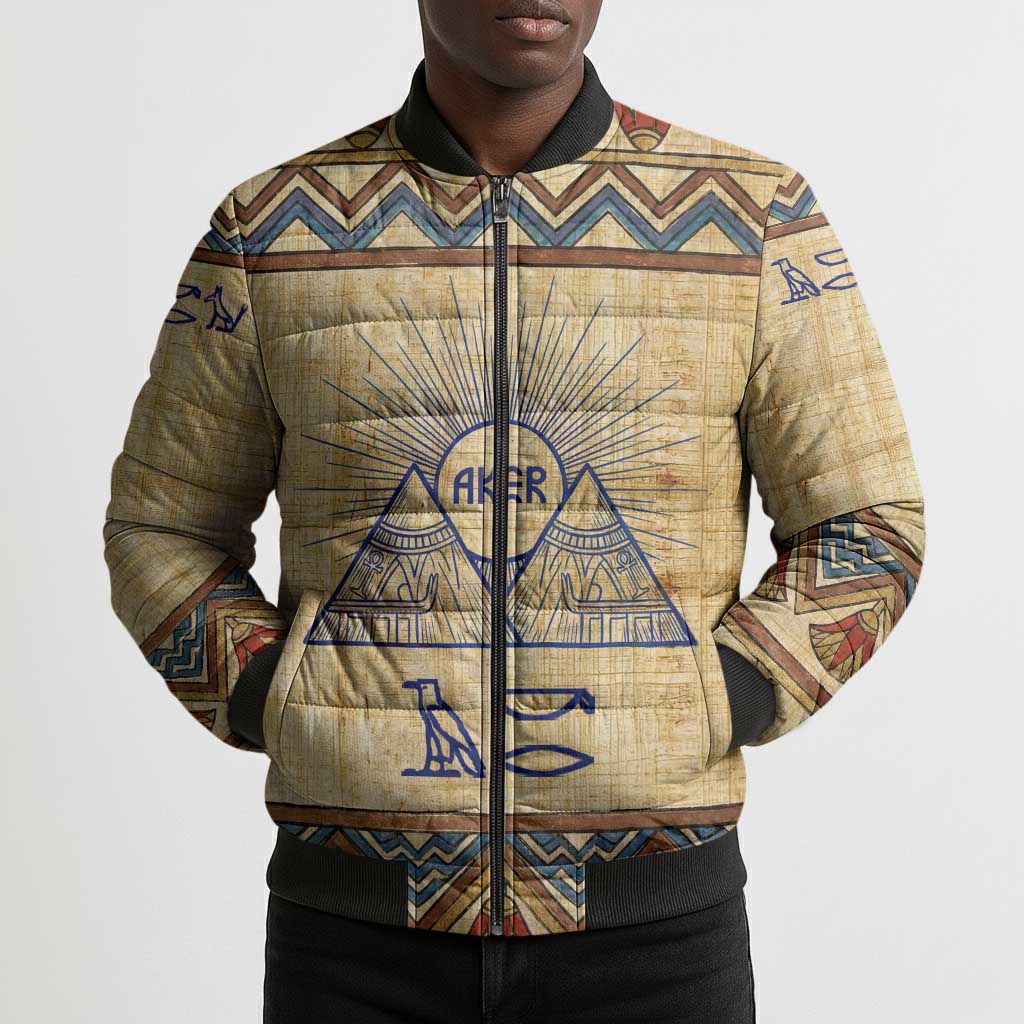 Aker Ancient Egyptian Bomber Puffer Jacket with Hieroglyphic Pattern, Pyramid Symbol, and Twin Lion Guardians Motif - Wonder Print Shop