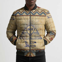 Aker Ancient Egyptian Bomber Puffer Jacket with Hieroglyphic Pattern, Pyramid Symbol, and Twin Lion Guardians Motif - Wonder Print Shop