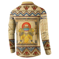 Aker Ancient Egyptian Button Sweatshirt with Hieroglyphic Pattern, Pyramid Symbol, and Twin Lion Guardians Motif