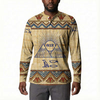 Aker Ancient Egyptian Button Sweatshirt with Hieroglyphic Pattern, Pyramid Symbol, and Twin Lion Guardians Motif