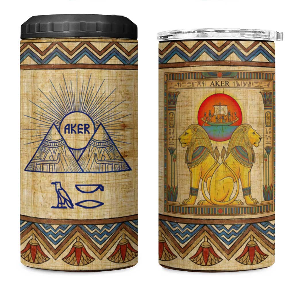Aker Ancient Egyptian 4 in 1 Can Cooler Tumbler with Hieroglyphic Pattern, Pyramid Symbol, and Twin Lion Guardians Motif - Wonder Print Shop