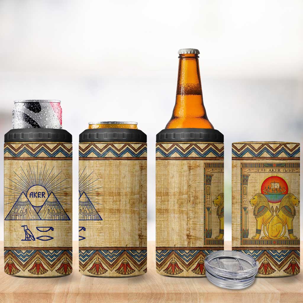 Aker Ancient Egyptian 4 in 1 Can Cooler Tumbler with Hieroglyphic Pattern, Pyramid Symbol, and Twin Lion Guardians Motif - Wonder Print Shop