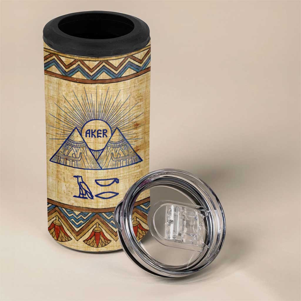 Aker Ancient Egyptian 4 in 1 Can Cooler Tumbler with Hieroglyphic Pattern, Pyramid Symbol, and Twin Lion Guardians Motif - Wonder Print Shop