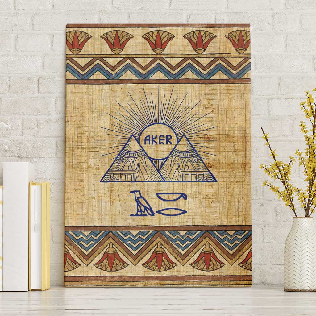 Aker Ancient Egyptian Canvas Wall Art with Hieroglyphic Pattern, Pyramid Symbol, and Twin Lion Guardians Motif - Wonder Print Shop