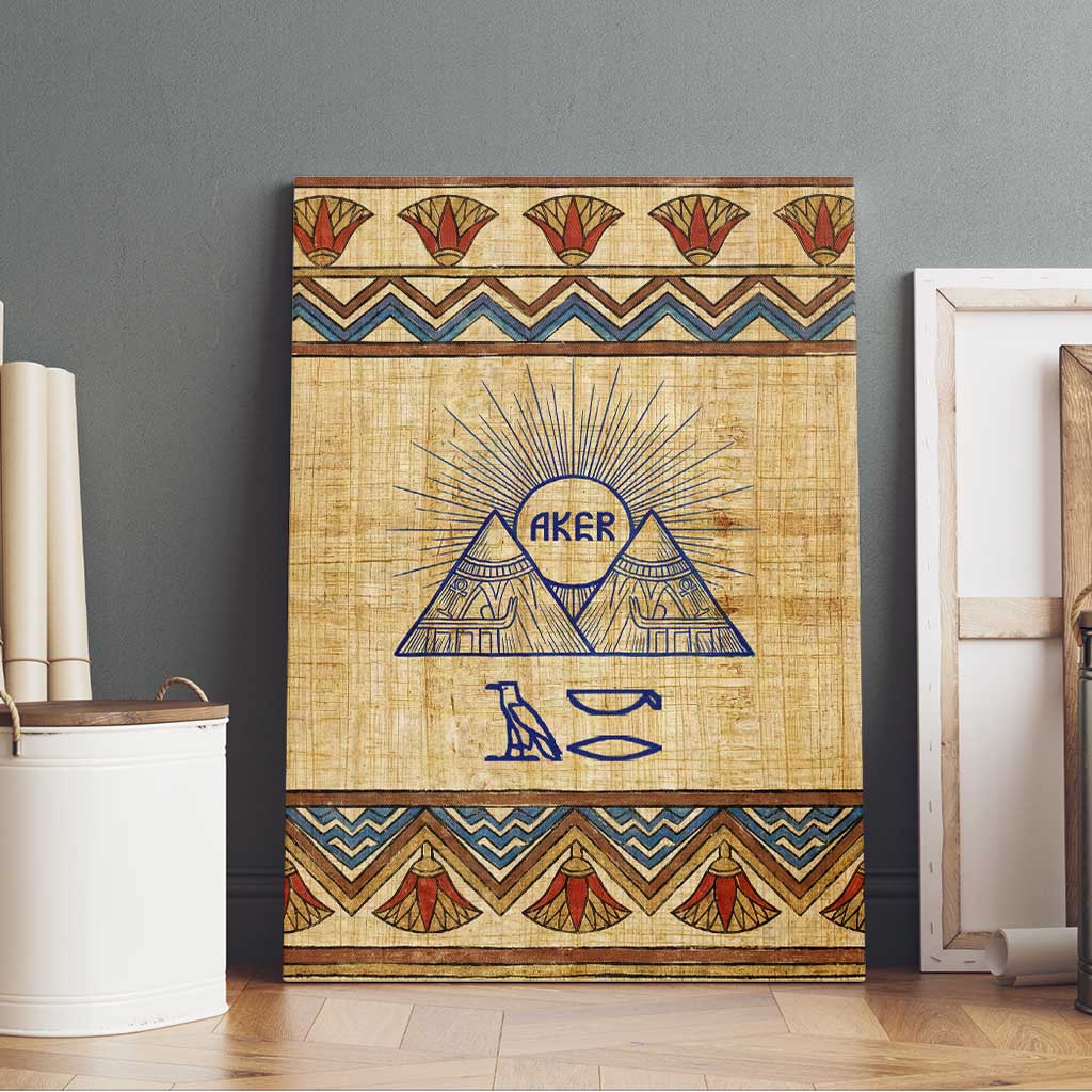 Aker Ancient Egyptian Canvas Wall Art with Hieroglyphic Pattern, Pyramid Symbol, and Twin Lion Guardians Motif - Wonder Print Shop