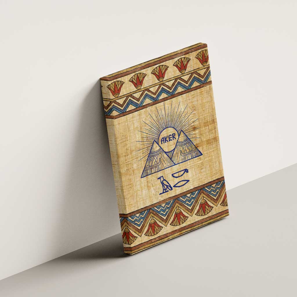Aker Ancient Egyptian Canvas Wall Art with Hieroglyphic Pattern, Pyramid Symbol, and Twin Lion Guardians Motif - Wonder Print Shop