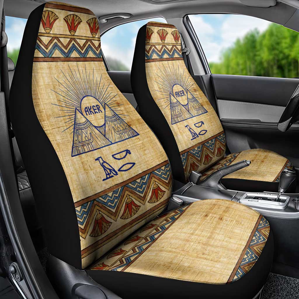 Aker Ancient Egyptian Car Seat Cover with Hieroglyphic Pattern, Pyramid Symbol, and Twin Lion Guardians Motif - Wonder Print Shop