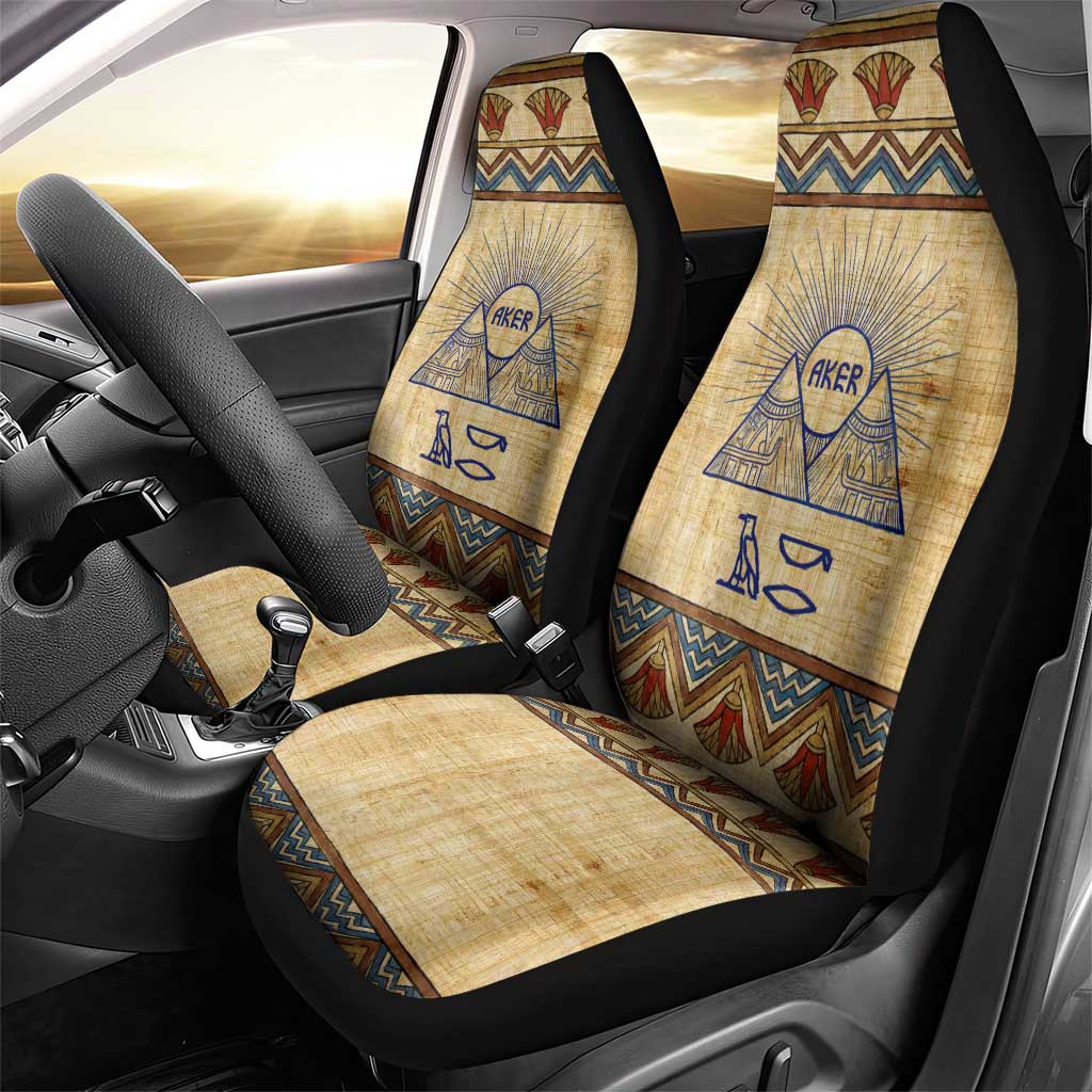 Aker Ancient Egyptian Car Seat Cover with Hieroglyphic Pattern, Pyramid Symbol, and Twin Lion Guardians Motif - Wonder Print Shop