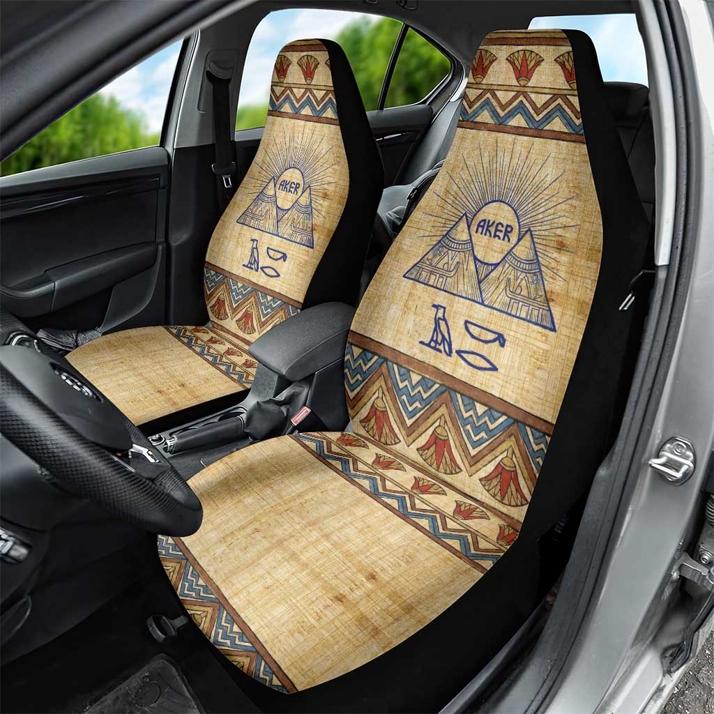 Aker Ancient Egyptian Car Seat Cover with Hieroglyphic Pattern, Pyramid Symbol, and Twin Lion Guardians Motif - Wonder Print Shop