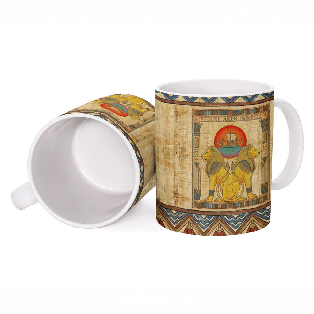 Aker Ancient Egyptian Ceramic Mug with Hieroglyphic Pattern, Pyramid Symbol, and Twin Lion Guardians Motif - Wonder Print Shop