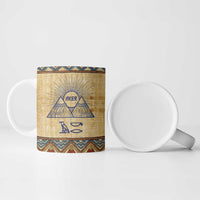 Aker Ancient Egyptian Ceramic Mug with Hieroglyphic Pattern, Pyramid Symbol, and Twin Lion Guardians Motif - Wonder Print Shop