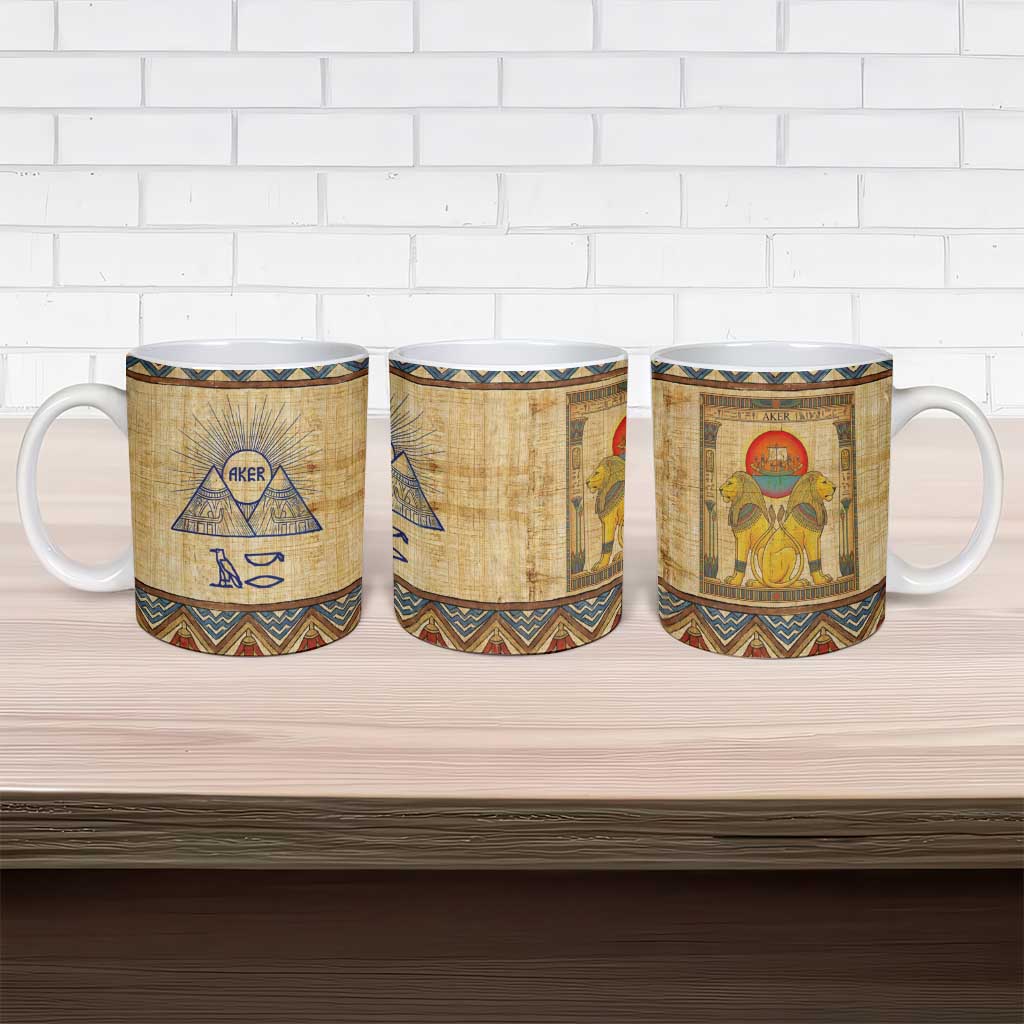 Aker Ancient Egyptian Ceramic Mug with Hieroglyphic Pattern, Pyramid Symbol, and Twin Lion Guardians Motif - Wonder Print Shop