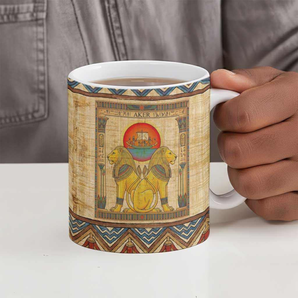 Aker Ancient Egyptian Ceramic Mug with Hieroglyphic Pattern, Pyramid Symbol, and Twin Lion Guardians Motif - Wonder Print Shop
