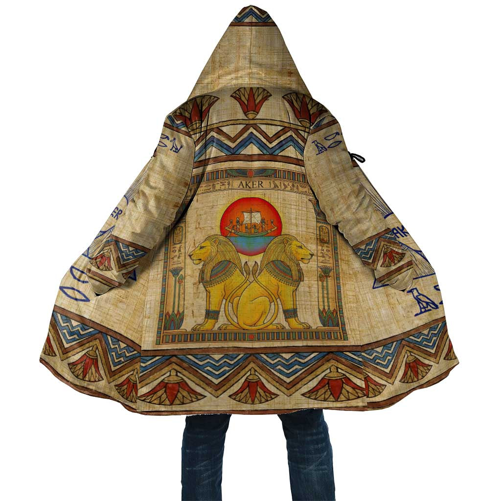 Aker Ancient Egyptian Cloak with Hieroglyphic Pattern, Pyramid Symbol, and Twin Lion Guardians Motif - Wonder Print Shop