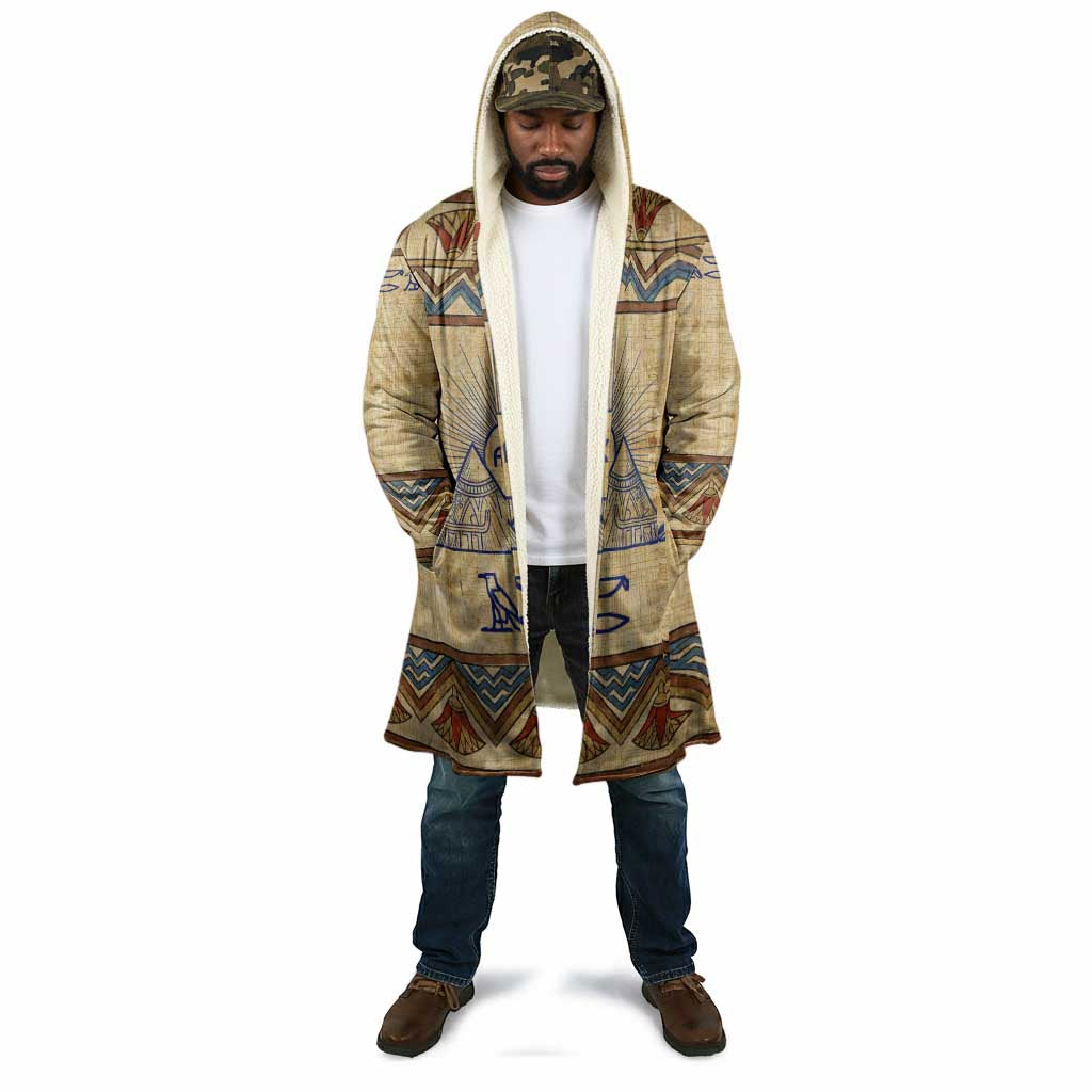 Aker Ancient Egyptian Cloak with Hieroglyphic Pattern, Pyramid Symbol, and Twin Lion Guardians Motif - Wonder Print Shop