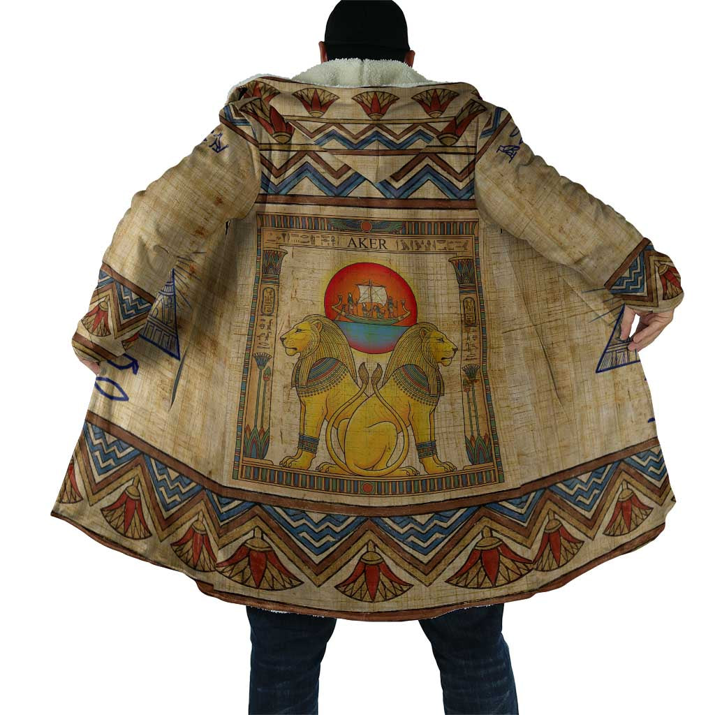 Aker Ancient Egyptian Cloak with Hieroglyphic Pattern, Pyramid Symbol, and Twin Lion Guardians Motif - Wonder Print Shop