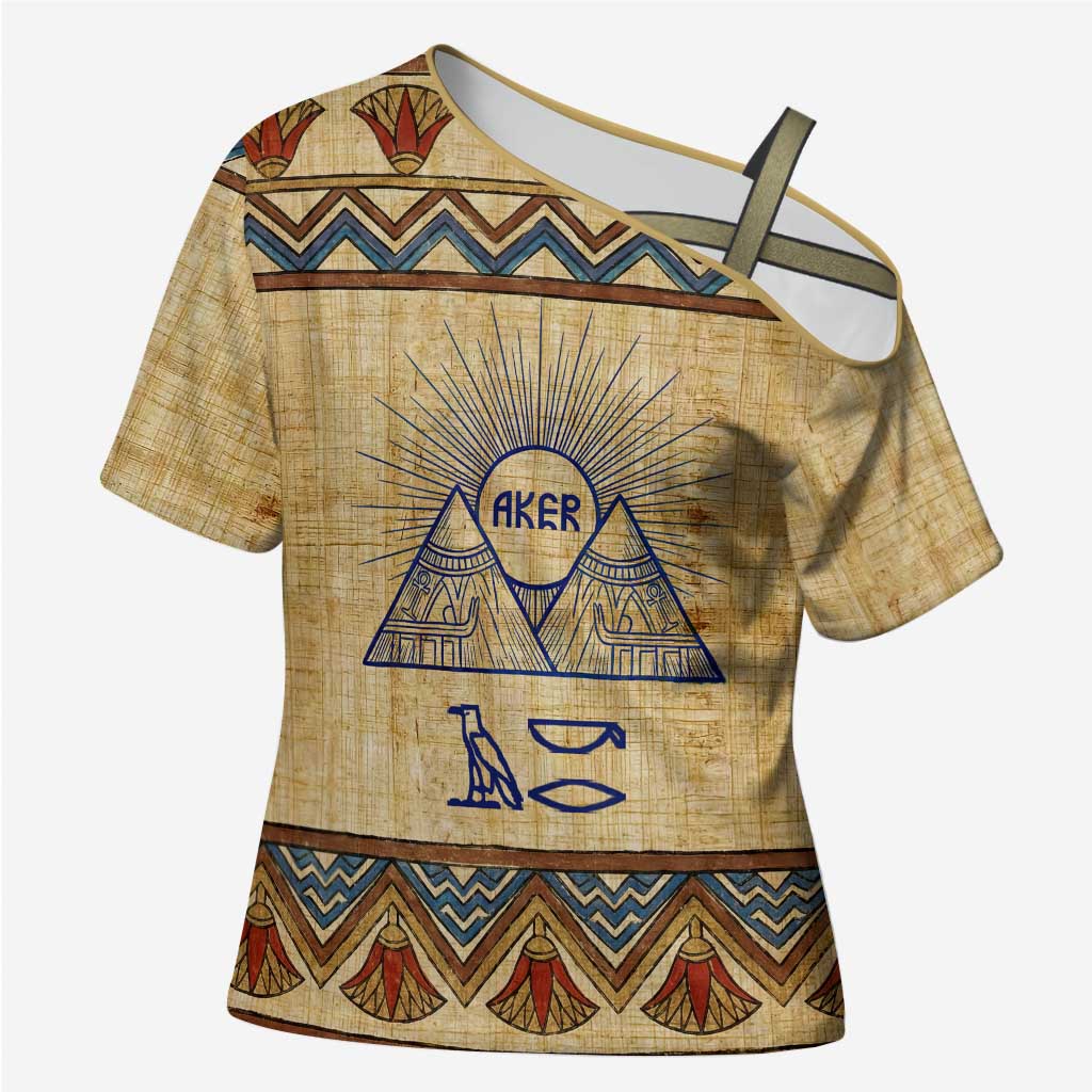 Aker Ancient Egyptian Cross Shoulder Shirt with Hieroglyphic Pattern, Pyramid Symbol, and Twin Lion Guardians Motif - Wonder Print Shop