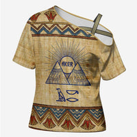 Aker Ancient Egyptian Cross Shoulder Shirt with Hieroglyphic Pattern, Pyramid Symbol, and Twin Lion Guardians Motif - Wonder Print Shop