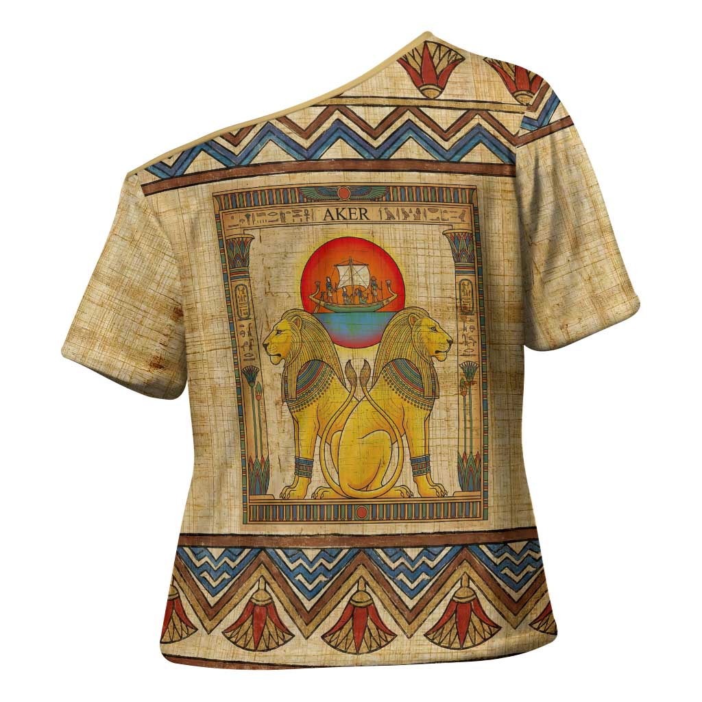 Aker Ancient Egyptian Cross Shoulder Shirt with Hieroglyphic Pattern, Pyramid Symbol, and Twin Lion Guardians Motif - Wonder Print Shop