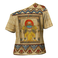 Aker Ancient Egyptian Cross Shoulder Shirt with Hieroglyphic Pattern, Pyramid Symbol, and Twin Lion Guardians Motif - Wonder Print Shop