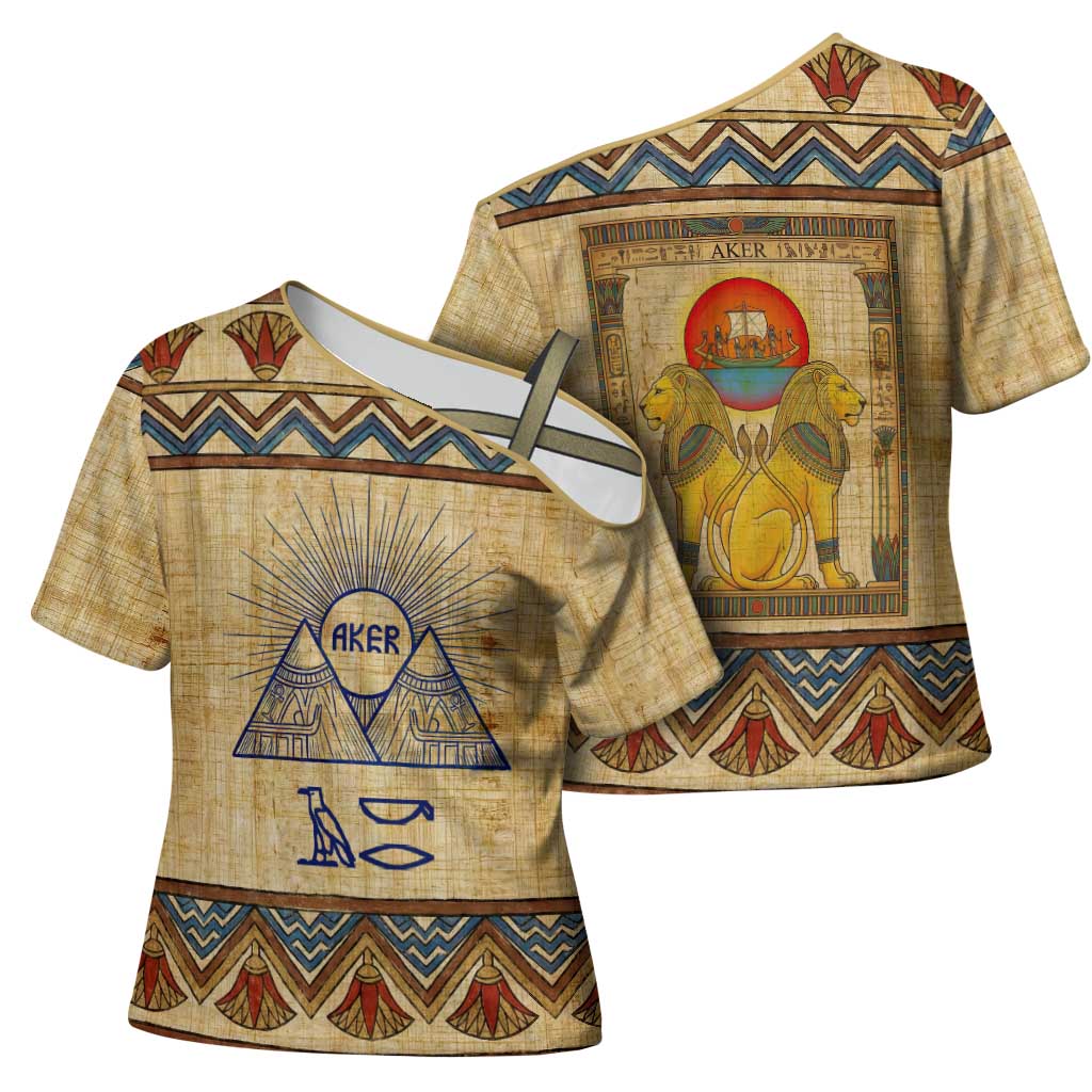Aker Ancient Egyptian Cross Shoulder Shirt with Hieroglyphic Pattern, Pyramid Symbol, and Twin Lion Guardians Motif - Wonder Print Shop
