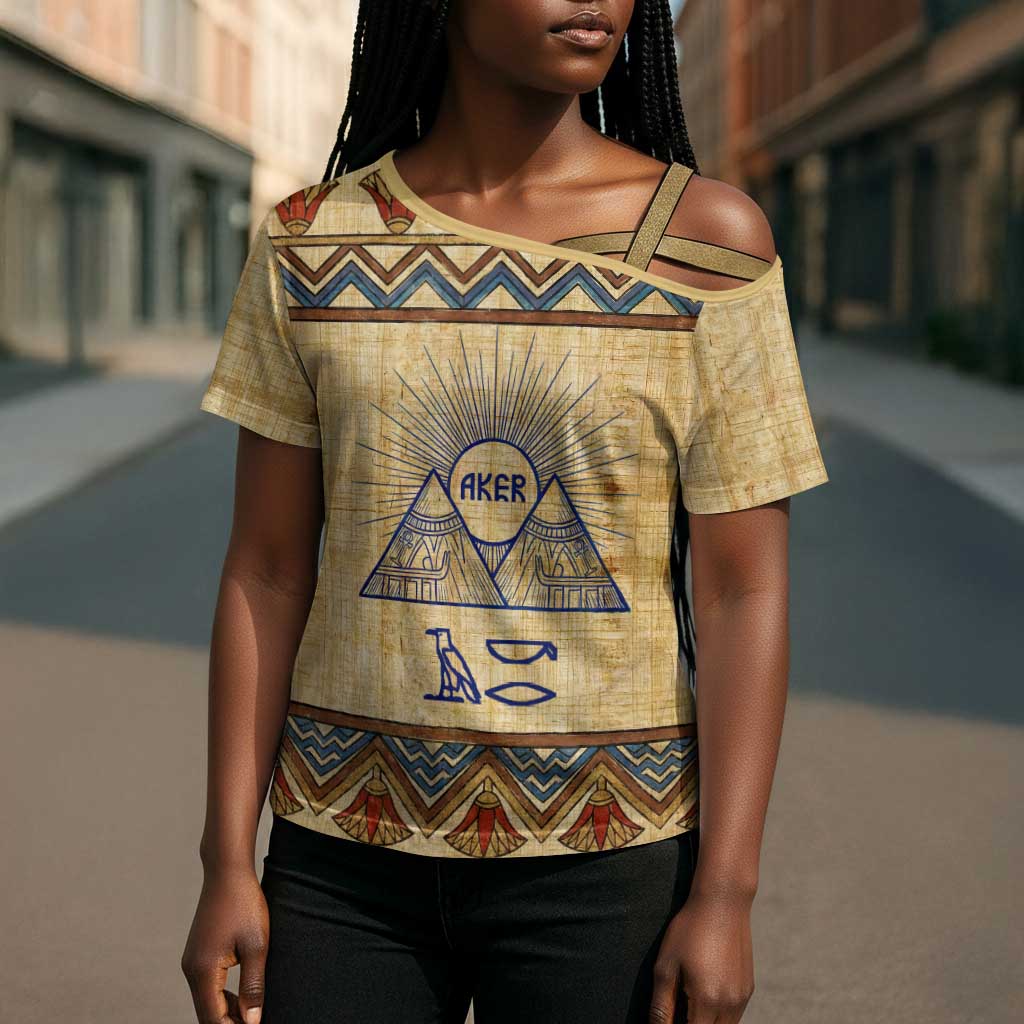 Aker Ancient Egyptian Cross Shoulder Shirt with Hieroglyphic Pattern, Pyramid Symbol, and Twin Lion Guardians Motif - Wonder Print Shop