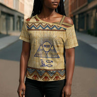 Aker Ancient Egyptian Cross Shoulder Shirt with Hieroglyphic Pattern, Pyramid Symbol, and Twin Lion Guardians Motif - Wonder Print Shop
