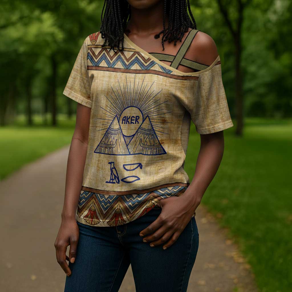 Aker Ancient Egyptian Cross Shoulder Shirt with Hieroglyphic Pattern, Pyramid Symbol, and Twin Lion Guardians Motif - Wonder Print Shop