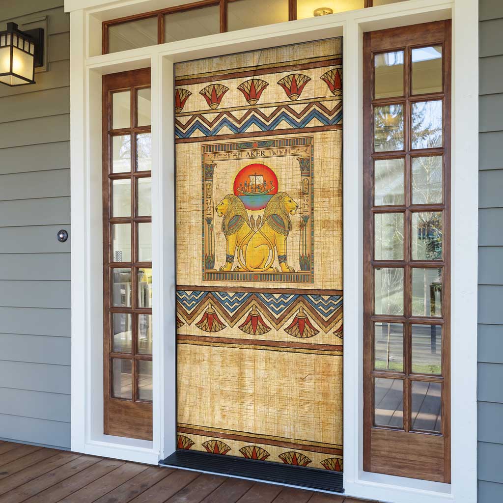 Aker Ancient Egyptian Door Cover with Hieroglyphic Pattern, Pyramid Symbol, and Twin Lion Guardians Motif - Wonder Print Shop