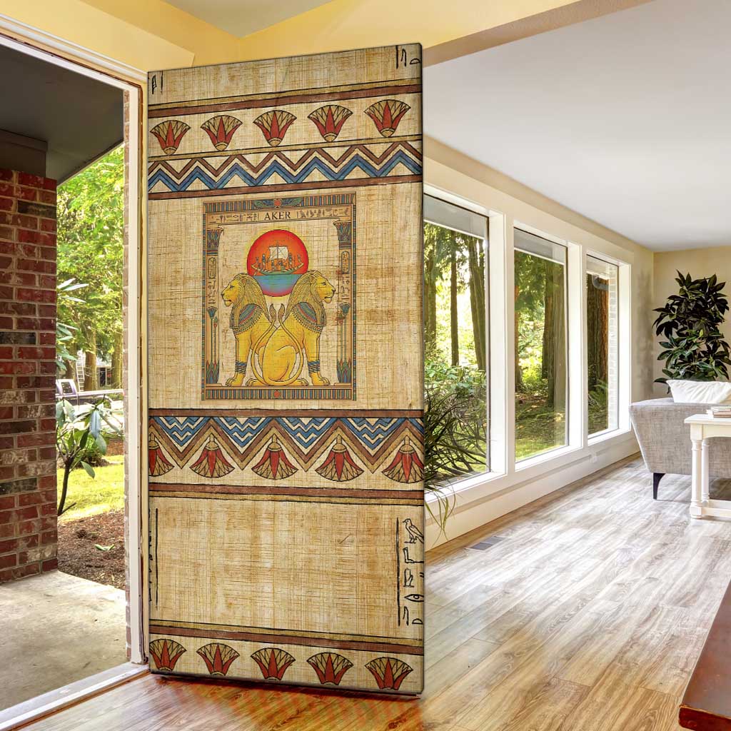 Aker Ancient Egyptian Door Cover with Hieroglyphic Pattern, Pyramid Symbol, and Twin Lion Guardians Motif - Wonder Print Shop