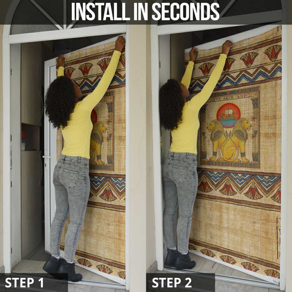 Aker Ancient Egyptian Door Cover with Hieroglyphic Pattern, Pyramid Symbol, and Twin Lion Guardians Motif - Wonder Print Shop