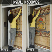 Aker Ancient Egyptian Door Cover with Hieroglyphic Pattern, Pyramid Symbol, and Twin Lion Guardians Motif - Wonder Print Shop