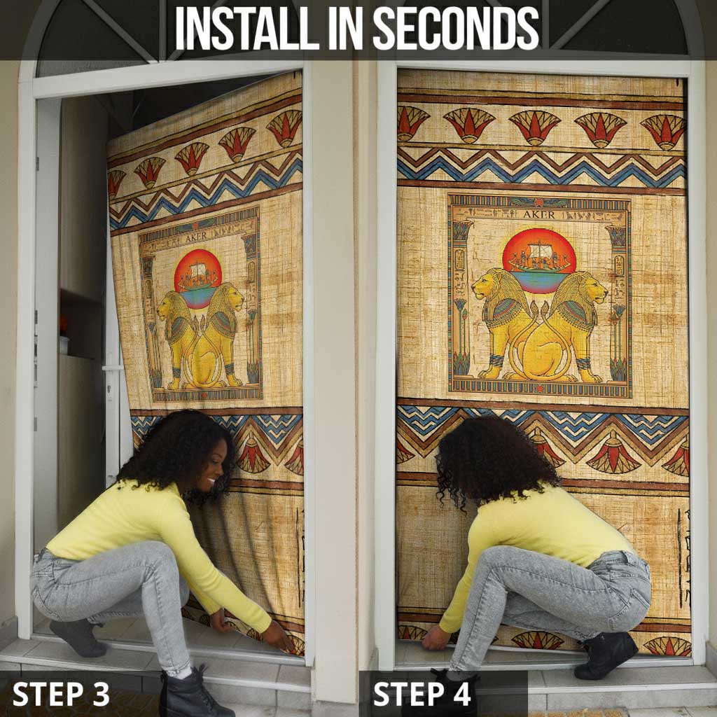 Aker Ancient Egyptian Door Cover with Hieroglyphic Pattern, Pyramid Symbol, and Twin Lion Guardians Motif - Wonder Print Shop