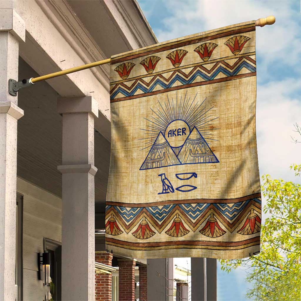 Aker Ancient Egyptian Garden Flag with Hieroglyphic Pattern, Pyramid Symbol, and Twin Lion Guardians Motif - Wonder Print Shop