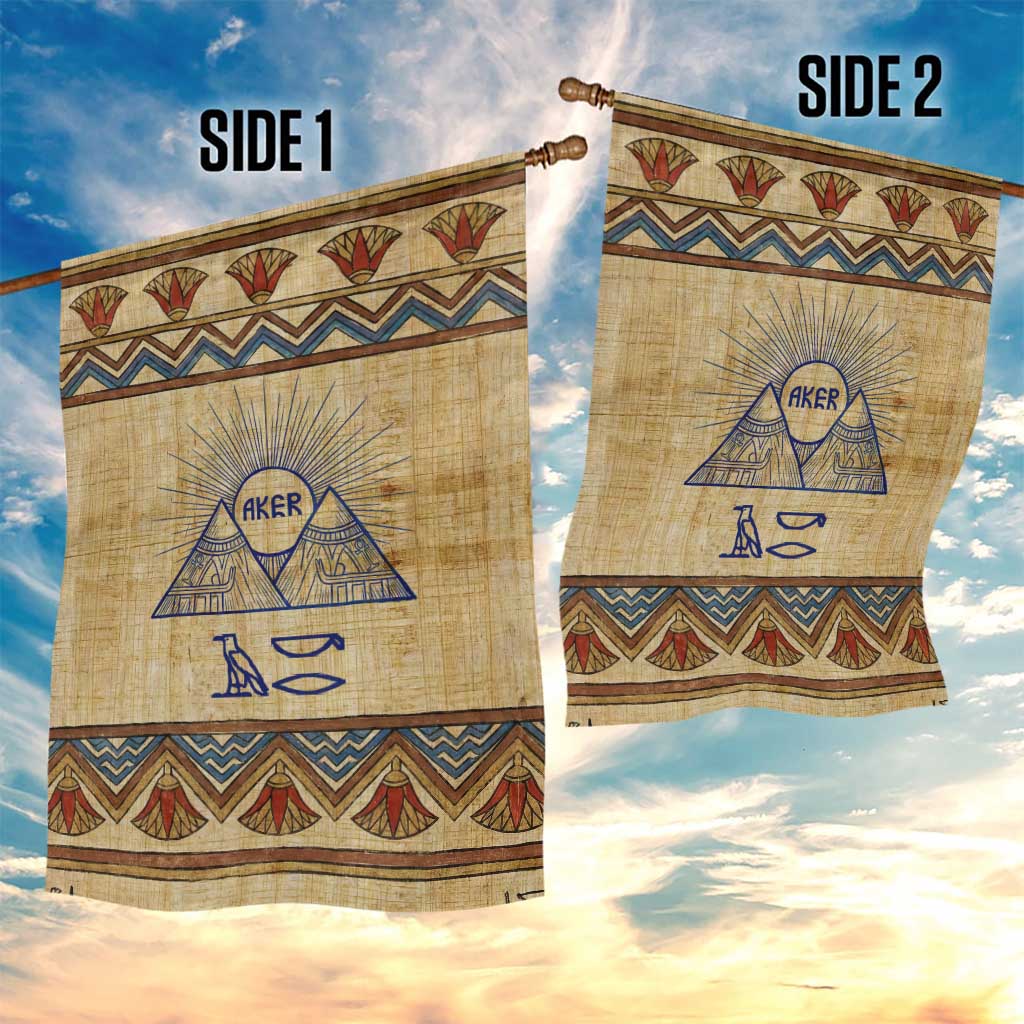 Aker Ancient Egyptian Garden Flag with Hieroglyphic Pattern, Pyramid Symbol, and Twin Lion Guardians Motif - Wonder Print Shop