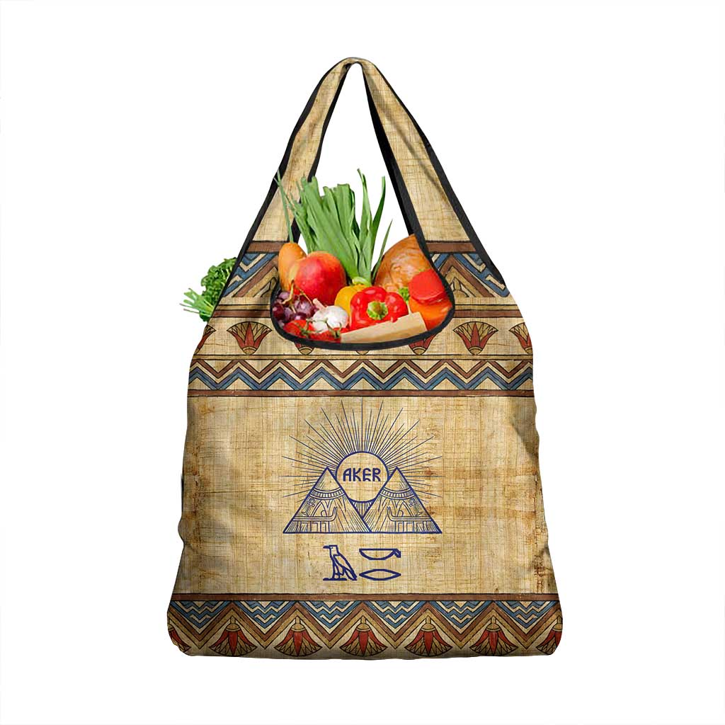 Aker Ancient Egyptian Grocery Bag with Hieroglyphic Pattern, Pyramid Symbol, and Twin Lion Guardians Motif - Wonder Print Shop