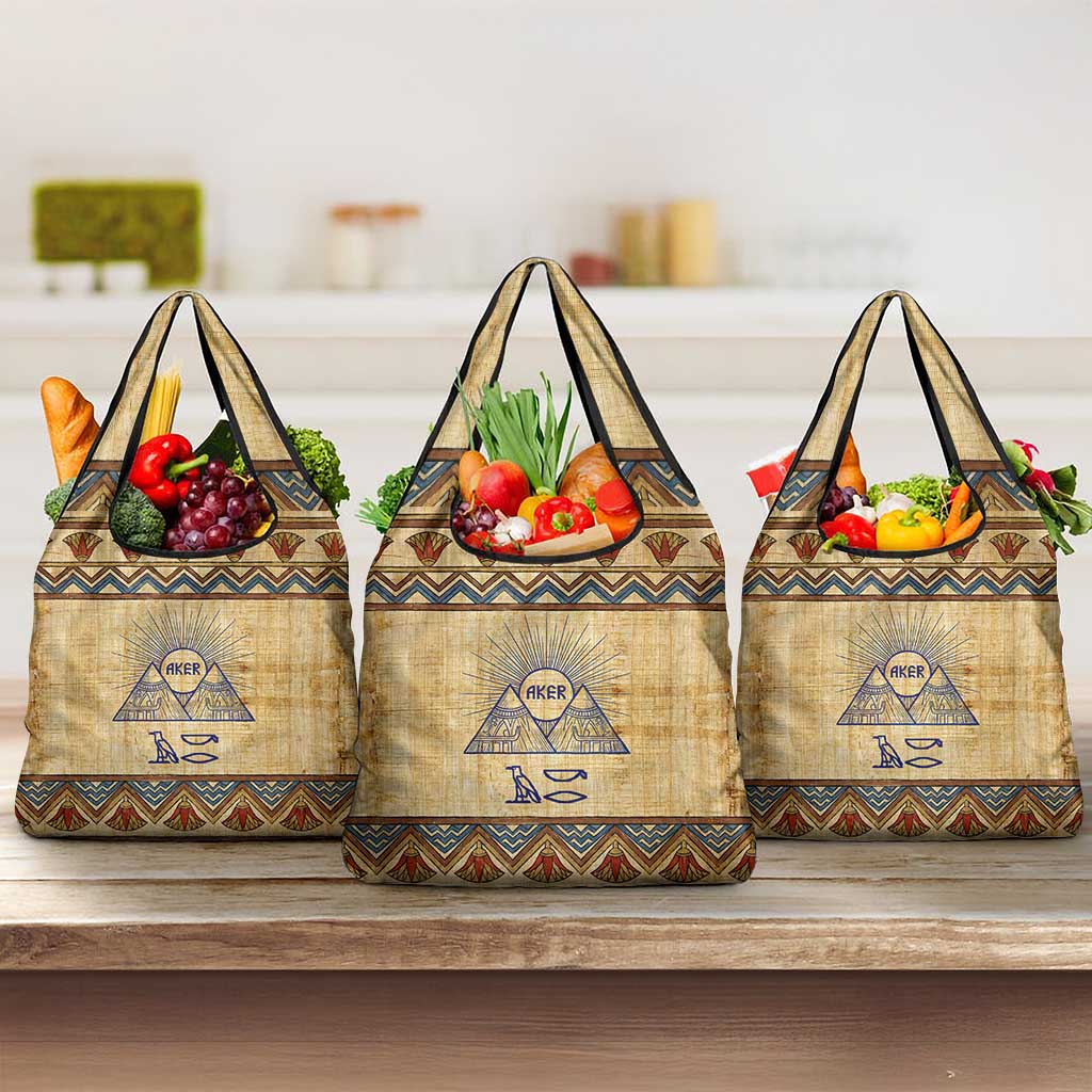 Aker Ancient Egyptian Grocery Bag with Hieroglyphic Pattern, Pyramid Symbol, and Twin Lion Guardians Motif - Wonder Print Shop