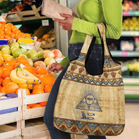 Aker Ancient Egyptian Grocery Bag with Hieroglyphic Pattern, Pyramid Symbol, and Twin Lion Guardians Motif - Wonder Print Shop