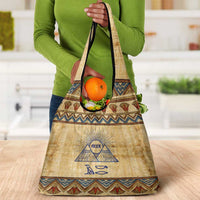Aker Ancient Egyptian Grocery Bag with Hieroglyphic Pattern, Pyramid Symbol, and Twin Lion Guardians Motif - Wonder Print Shop