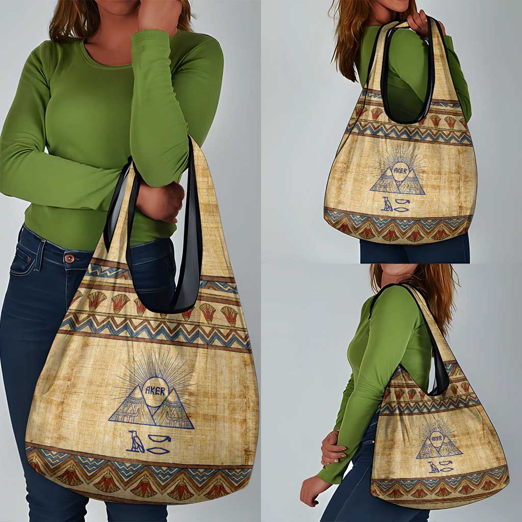Aker Ancient Egyptian Grocery Bag with Hieroglyphic Pattern, Pyramid Symbol, and Twin Lion Guardians Motif - Wonder Print Shop