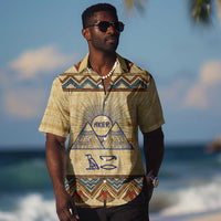 Aker Ancient Egyptian Hawaiian Shirt with Hieroglyphic Pattern, Pyramid Symbol, and Twin Lion Guardians Motif - Wonder Print Shop