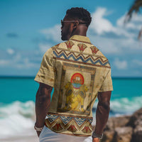 Aker Ancient Egyptian Hawaiian Shirt with Hieroglyphic Pattern, Pyramid Symbol, and Twin Lion Guardians Motif - Wonder Print Shop