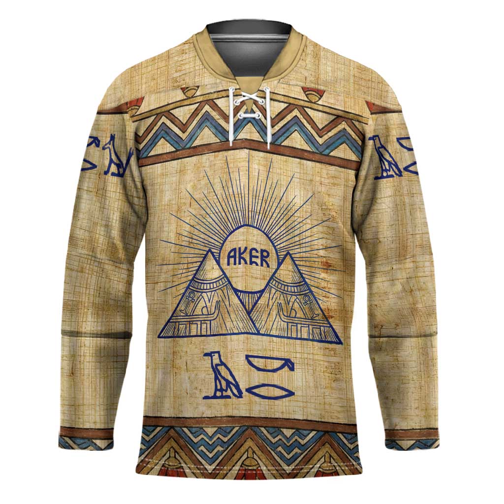 Aker Ancient Egyptian Hockey Jersey with Hieroglyphic Pattern, Pyramid Symbol, and Twin Lion Guardians Motif - Wonder Print Shop
