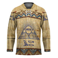 Aker Ancient Egyptian Hockey Jersey with Hieroglyphic Pattern, Pyramid Symbol, and Twin Lion Guardians Motif - Wonder Print Shop