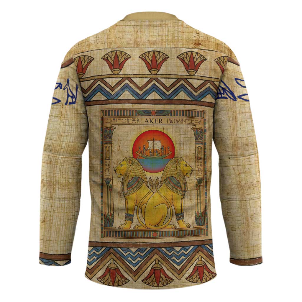 Aker Ancient Egyptian Hockey Jersey with Hieroglyphic Pattern, Pyramid Symbol, and Twin Lion Guardians Motif - Wonder Print Shop