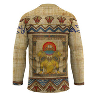 Aker Ancient Egyptian Hockey Jersey with Hieroglyphic Pattern, Pyramid Symbol, and Twin Lion Guardians Motif - Wonder Print Shop
