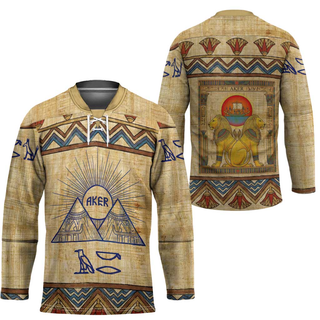 Aker Ancient Egyptian Hockey Jersey with Hieroglyphic Pattern, Pyramid Symbol, and Twin Lion Guardians Motif - Wonder Print Shop