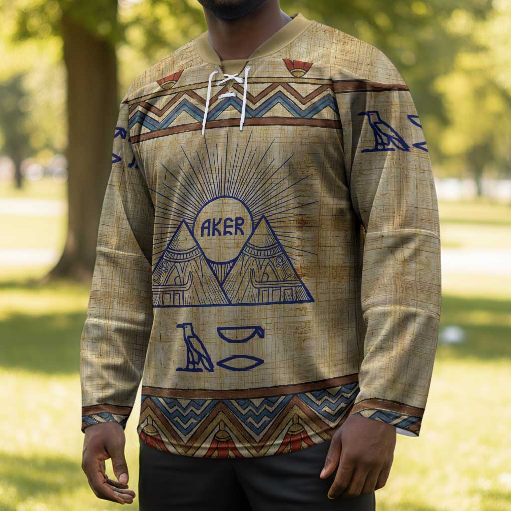 Aker Ancient Egyptian Hockey Jersey with Hieroglyphic Pattern, Pyramid Symbol, and Twin Lion Guardians Motif - Wonder Print Shop