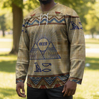 Aker Ancient Egyptian Hockey Jersey with Hieroglyphic Pattern, Pyramid Symbol, and Twin Lion Guardians Motif - Wonder Print Shop
