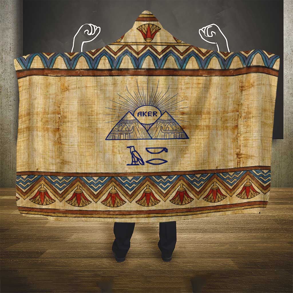 Aker Ancient Egyptian Hooded Blanket with Hieroglyphic Pattern, Pyramid Symbol, and Twin Lion Guardians Motif - Wonder Print Shop